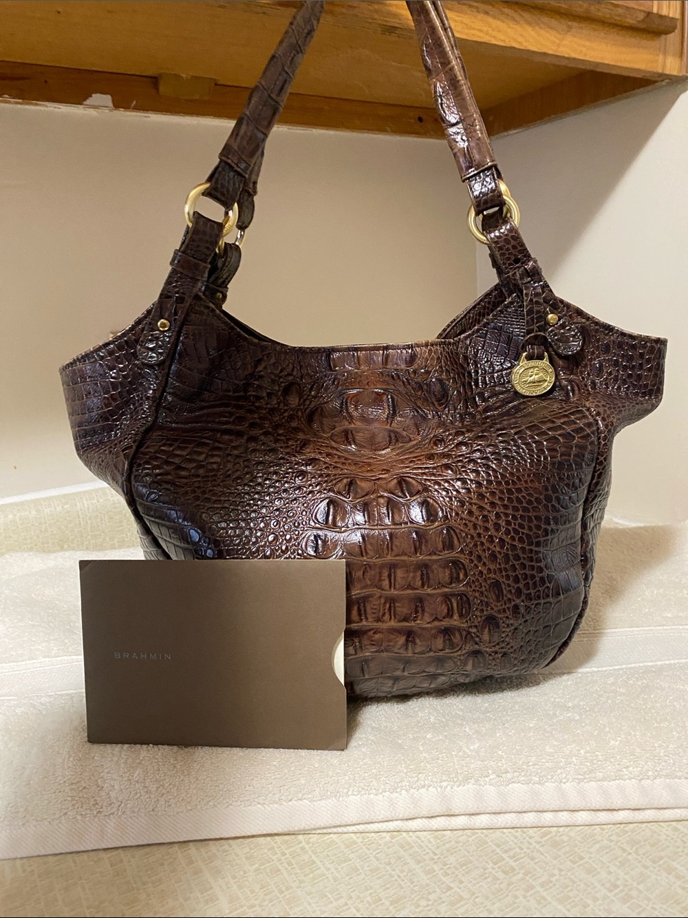 Brahmin Dark Brown Croc-Embossed Leather Shoulder Bag